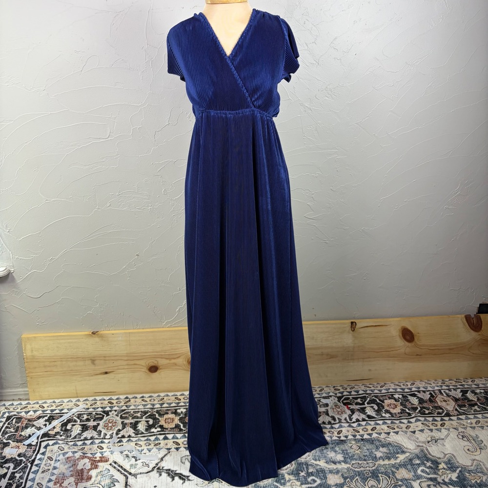Baltic Born Wrap Maxi Dress Small Empire Waist Pleated Flutter Sleeve Navy Blue